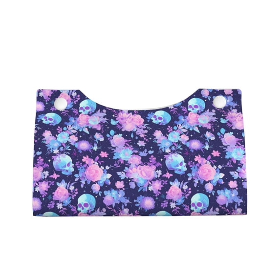 Lsque White Skull Flower Printed Long Tissue Box Cover Holder, Facial Paper Organizer Dispenser,Triangle with Bottom Belt, PVC Leather Decorative Organizer
