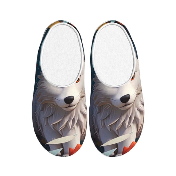 Lsque White Wolf With Flowers Pattern Womens Comfort Cotton on Scuff With Memory Foam and Anti-skid Sole Slipper-35/36