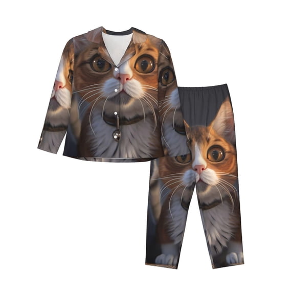 Lsque Wide Eyed Cartoon Cats Pattern Long Sleeve Pajama Set for Women - Soft 2-Piece Sleepwear and Loungewear Set with Pockets, Comfy Nightwear-XX-Large