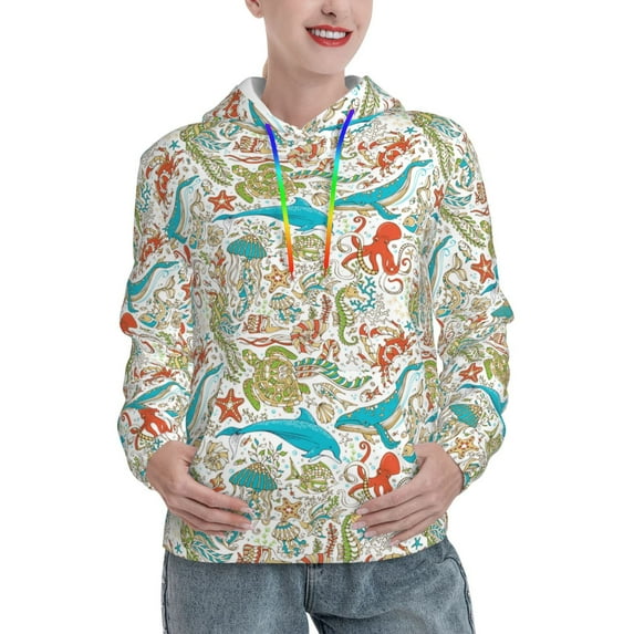 Lsque Wild Sea Life Pattern Casual Women's Hoodie,Hooded Sweatshirt with Kangaroo Pocket,Pullover Hoodie with Eye-catching Drawstrings-Large