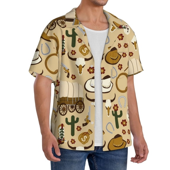 Lsque Wild West Cowboy print Men's Cuban Collar Short Sleeve Shirt Summer Beachwear Casual Button Down Fashionable Vacation Leisure Shirt-XX-Large