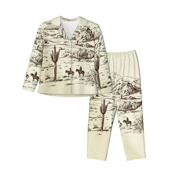 Lsque Wild West Desert With Cowboys Pattern Long Sleeve Pajama Set for Women - Soft 2-Piece Sleepwear and Loungewear Set with Pockets, Comfy Nightwear-X-Large