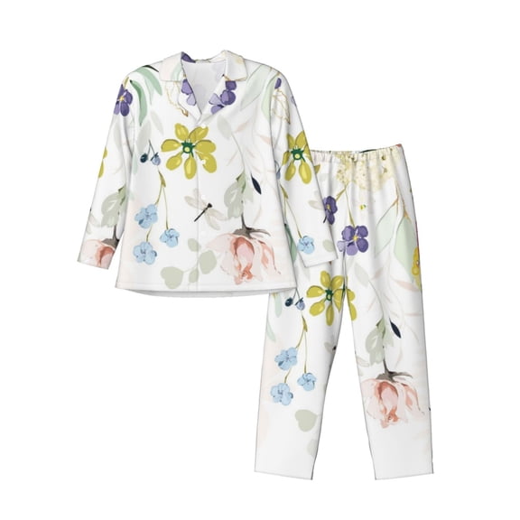 Lsque Wildflowers Pattern Long Sleeve Pajama Set for Men - Soft 2-Piece Sleepwear and Loungewear Set with Pockets, Comfy Nightwear-Small