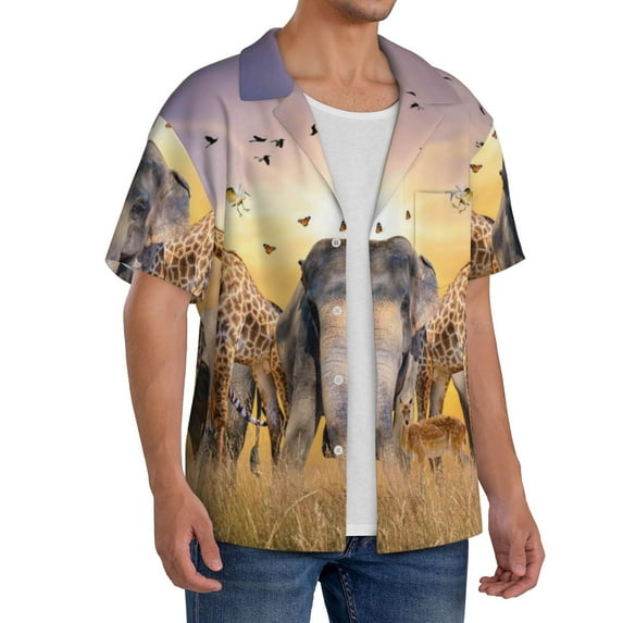 Lsque Wildlife Protection print Men's Cuban Collar Short Sleeve Shirt Summer Beachwear Casual Button Down Fashionable Vacation Leisure Shirt-Medium