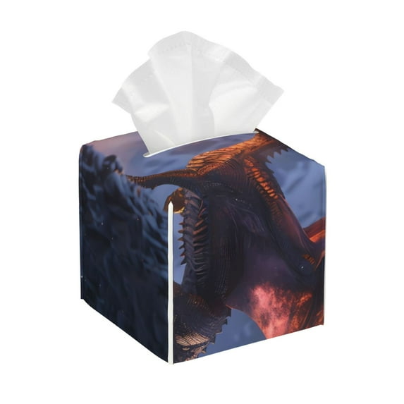 Lsque Winter Fire Dragon Printed Tissue Box Cover Holder, Facial Paper Organizer Dispenser,Square with Bottom Belt, PVC Leather Decorative Organizer