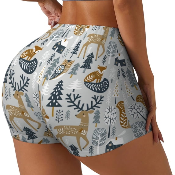 Lsque Winter Forest Animals Pattern High Waisted Biker Shorts for Women-Tummy Control Fitness Athletic Workout Running Yoga Gym Shorts,Moisture-Wicking-X-Large