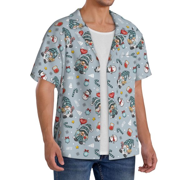 Lsque Winter Gnome And Snowman print Men's Cuban Collar Short Sleeve Shirt Summer Beachwear Casual Button Down Fashionable Vacation Leisure Shirt-3X-Large