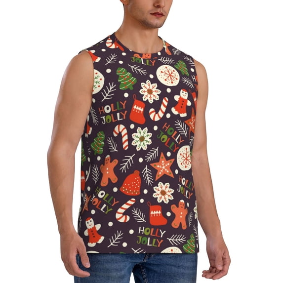 Lsque Winter Holiday Christmas Print Men's Cotton Blend Sleeveless Muscle Shirts (S-3XL)- Moisture Wicking, Odor Protection, UPF 30+,Small