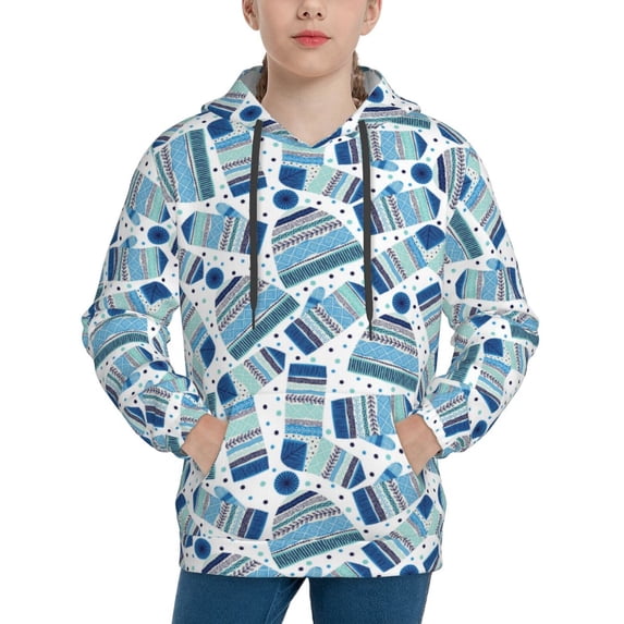 Lsque Winter Knit Hat and Socks Patten Youth Hoodie Sweatshirt Pullover with Kangaroo Pocket Boys and Girls Hoodie Warm Hoodie for Kids-Large