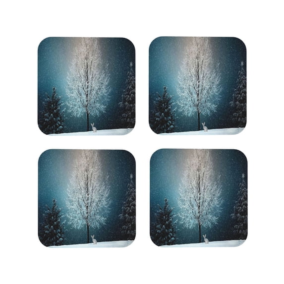 Lsque Winter Rabbit Pattern 4" Drink Coasters Set of 4, PVC Leather Absorbent Coasters, Table Coaster Set Decorative Coffee Cup Coasters Housewarming Gift -Square