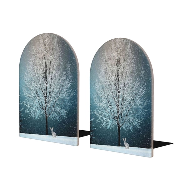 Lsque Winter Rabbit Printed Wood Bookends,Non-Skid Bookend for Shelves,Heavy Duty Support Bookends,Non-Slip Foam Pads for Office, Home, and Library,1 Pair