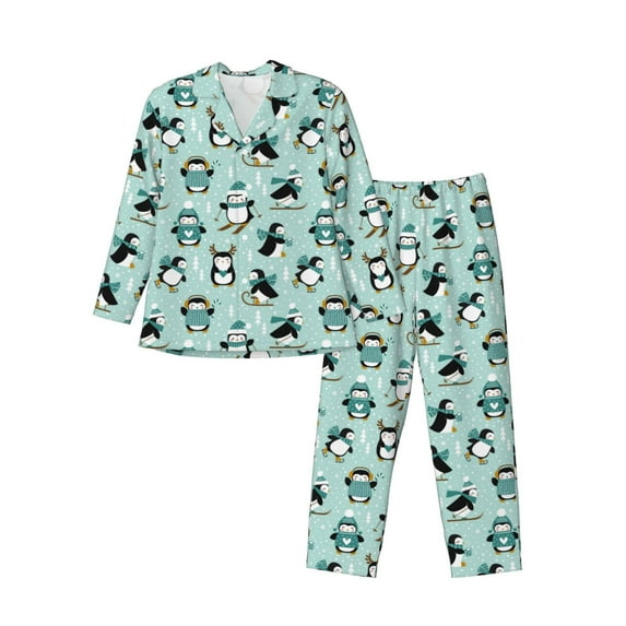 Lsque Winter Skiing Penguin Pattern Long Sleeve Pajama Set for Men - Soft 2-Piece Sleepwear and Loungewear Set with Pockets, Comfy Nightwear-Small