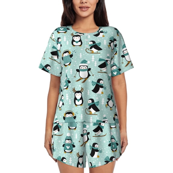 Lsque Winter Skiing Penguin Women's Short-Sleeved Pajama Set - 2 Piece Soft and Lightweight Sleepwear Set-Large