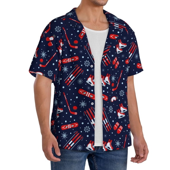 Lsque Winter Sports Fun Pattern print Men's Cuban Collar Short Sleeve Shirt Summer Beachwear Casual Button Down Fashionable Vacation Leisure Shirt-Small