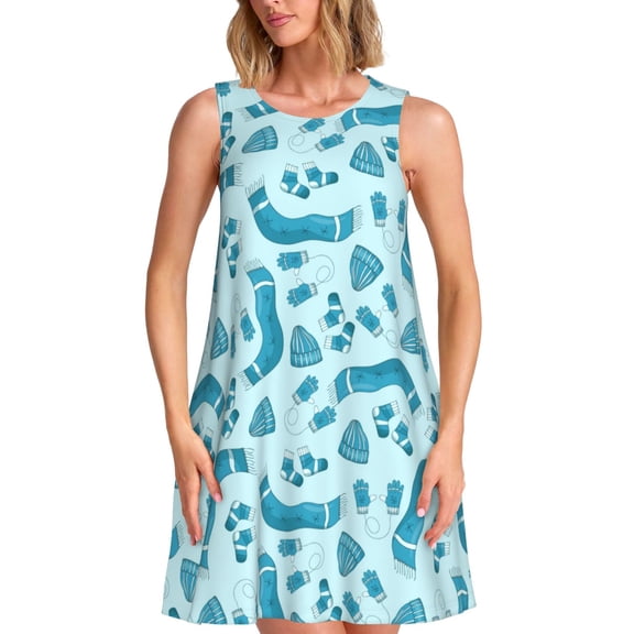 Lsque Winter Warmth Blue Knitted Pattern Summer Dresses for Women – Sleeveless T-Shirt Swing Sundress, Perfect for the Beach and Casual Days
