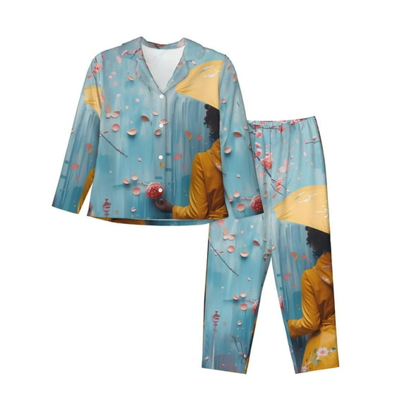Lsque Woman Under Blossoming Tree Pattern Long Sleeve Pajama Set for Women - Soft 2-Piece Sleepwear and Loungewear Set with Pockets, Comfy Nightwear-Large