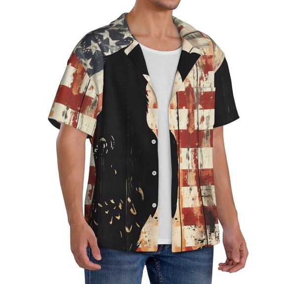 Lsque Wood Grain Bald Eagle print Men's Cuban Collar Short Sleeve Shirt Summer Beachwear Casual Button Down Fashionable Vacation Leisure Shirt-Medium