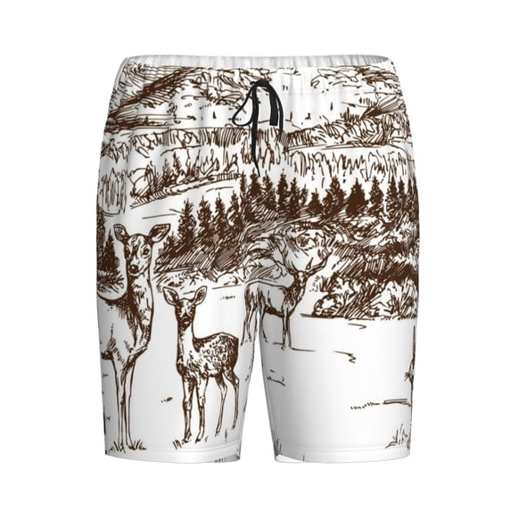Lsque Woodland Forest With Deers Mens Sleep Pajama Shorts,Short Pajama Pants, Cotton Ultra-Soft Knit-Small