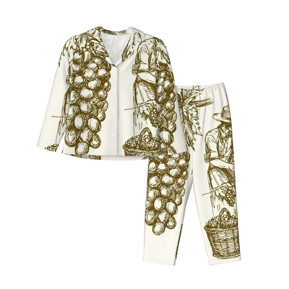 Lsque Workers Cutting Grapes From Vineyard Pattern Long Sleeve Pajama Set for Women - Soft 2-Piece Sleepwear and Loungewear Set with Pockets, Comfy Nightwear-Small