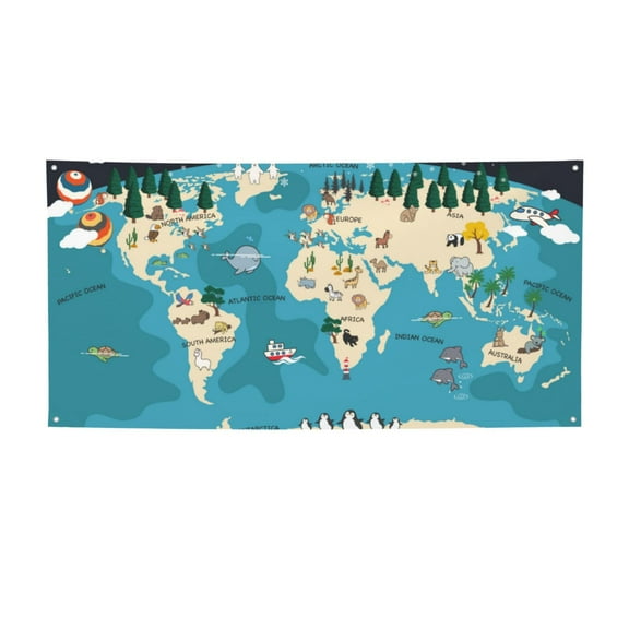 Lsque World Map With Animal Pattern Party Banner, Festive Banner , Holiday Celebrations and Events for Carnival Birthday Party Festival Decorations-Small