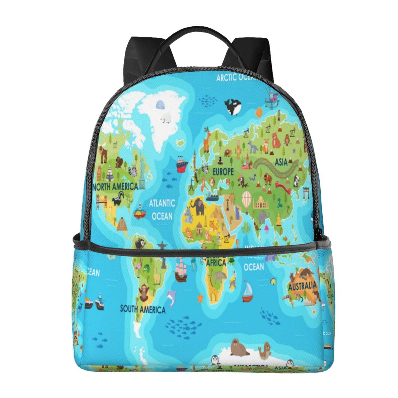 Lsque World Map With Animals Landmarks Pattern Backpack – School Travel ...