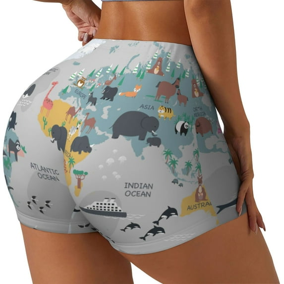 Lsque The World Map with Cartoon Animals Pattern High Waisted Biker Shorts for Women-Tummy Control Fitness Athletic Workout Running Yoga Gym Shorts,Moisture-Wicking-XX-Large