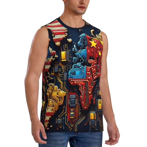 Lsque World Map Of Digital Circuits Print Men's Cotton Blend Sleeveless Muscle Shirts (S-3XL)- Moisture Wicking, Odor Protection, UPF 30+,Small