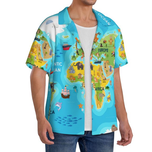 Lsque World Map With Animals Landmarks print Men's Cuban Collar Short Sleeve Shirt Summer Beachwear Casual Button Down Fashionable Vacation Leisure Shirt-Medium