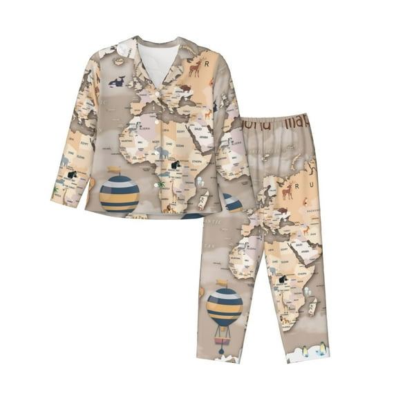 Lsque World Map With Animals Pattern Long Sleeve Pajama Set for Women - Soft 2-Piece Sleepwear and Loungewear Set with Pockets, Comfy Nightwear-Large