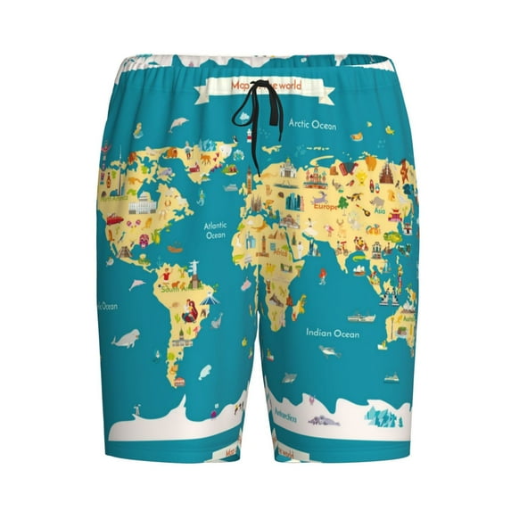 Lsque World Map With Landmarks Mens Sleep Pajama Shorts,Short Pajama Pants, Cotton Ultra-Soft Knit-X-Large