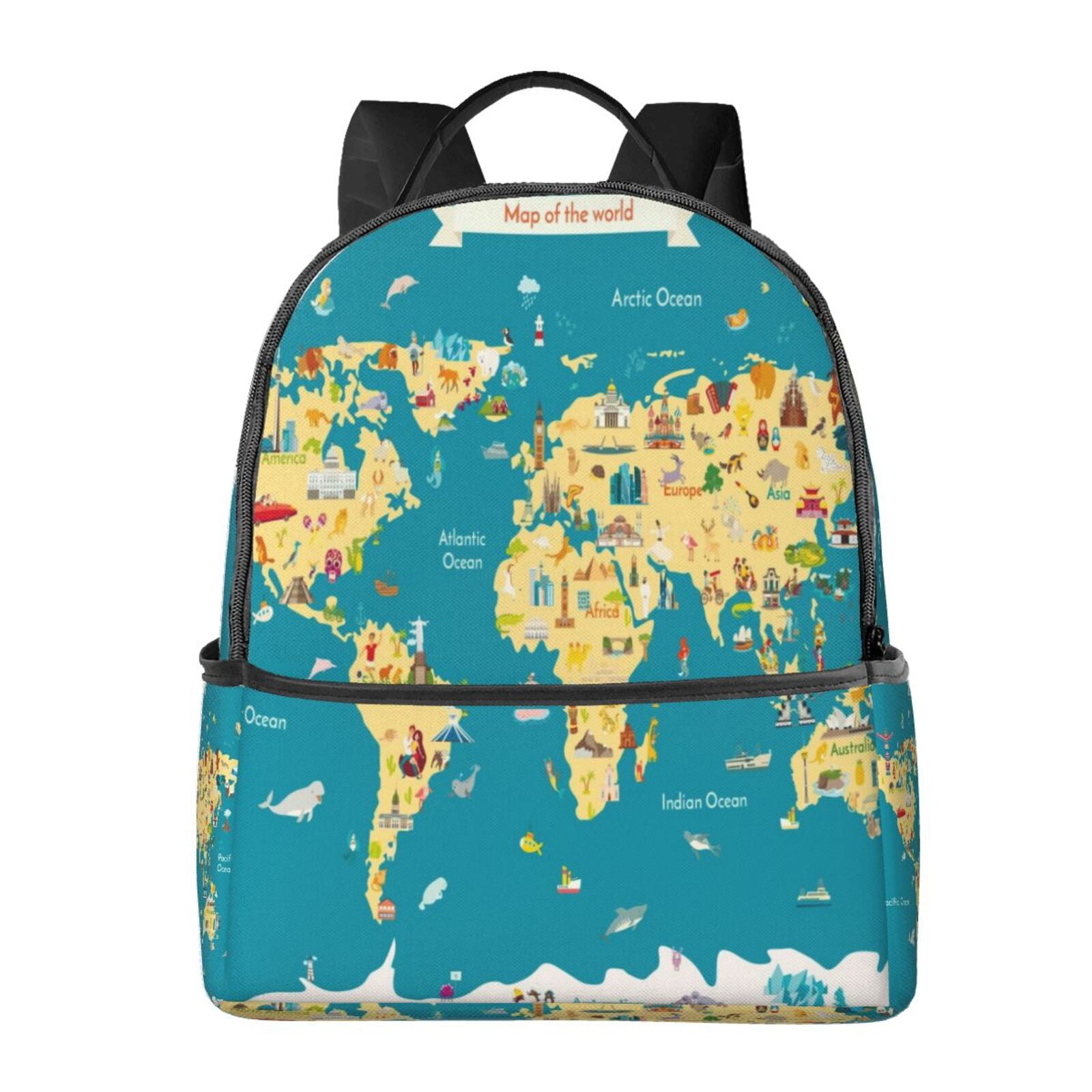 Lsque World Map With Landmarks Pattern Backpack – School Travel Canvas ...