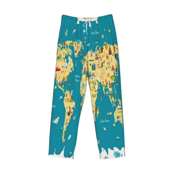 Lsque World Map With Landmarks Print Men's Pajama Pants, Lounge Pant - Comfortable Home Wear,Elastic Waistband, Stylish Design-Medium