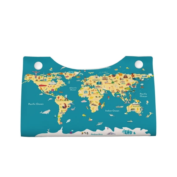 Lsque World Map With Landmarks Printed Long Tissue Box Cover Holder, Facial Paper Organizer Dispenser,Triangle with Bottom Belt, PVC Leather Decorative Organizer