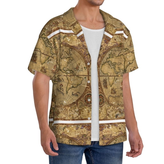 Lsque World Map1 print Men's Cuban Collar Short Sleeve Shirt Summer Beachwear Casual Button Down Fashionable Vacation Leisure Shirt-Small