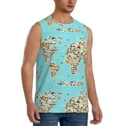 Lsque World Travel Line Icons Map Print Men's Cotton Blend Sleeveless Muscle Shirts (S-3XL)- Moisture Wicking, Odor Protection, UPF 30+,Small