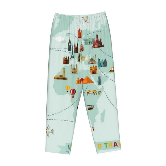 Lsque World Travel Map Print Women's Pajama Pants, Lounge Pant - Comfortable Home Wear,Elastic Waistband, Stylish Design-Medium