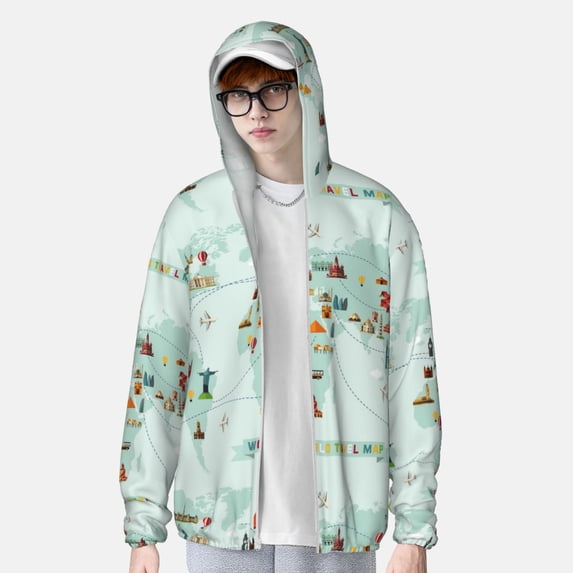 Lsque World Travel Map UPF 50+ Lightweight Sun Protection Men's Women's Long Sleeve Shirt, Hoodie Performance -Small