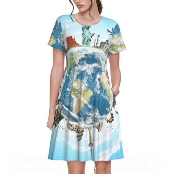 Lsque World Travel Print Women's Casual Dress T-Shirt Summer Short Sleeve Scoop Neck Swing Dresses