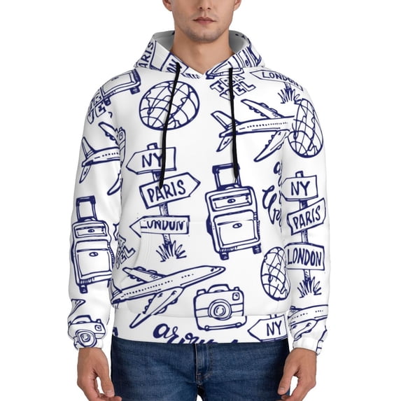 Lsque World Travel2 Pattern Casual Men's Hoodie,Hooded Sweatshirt with Kangaroo Pocket,Pullover Hoodie-Large