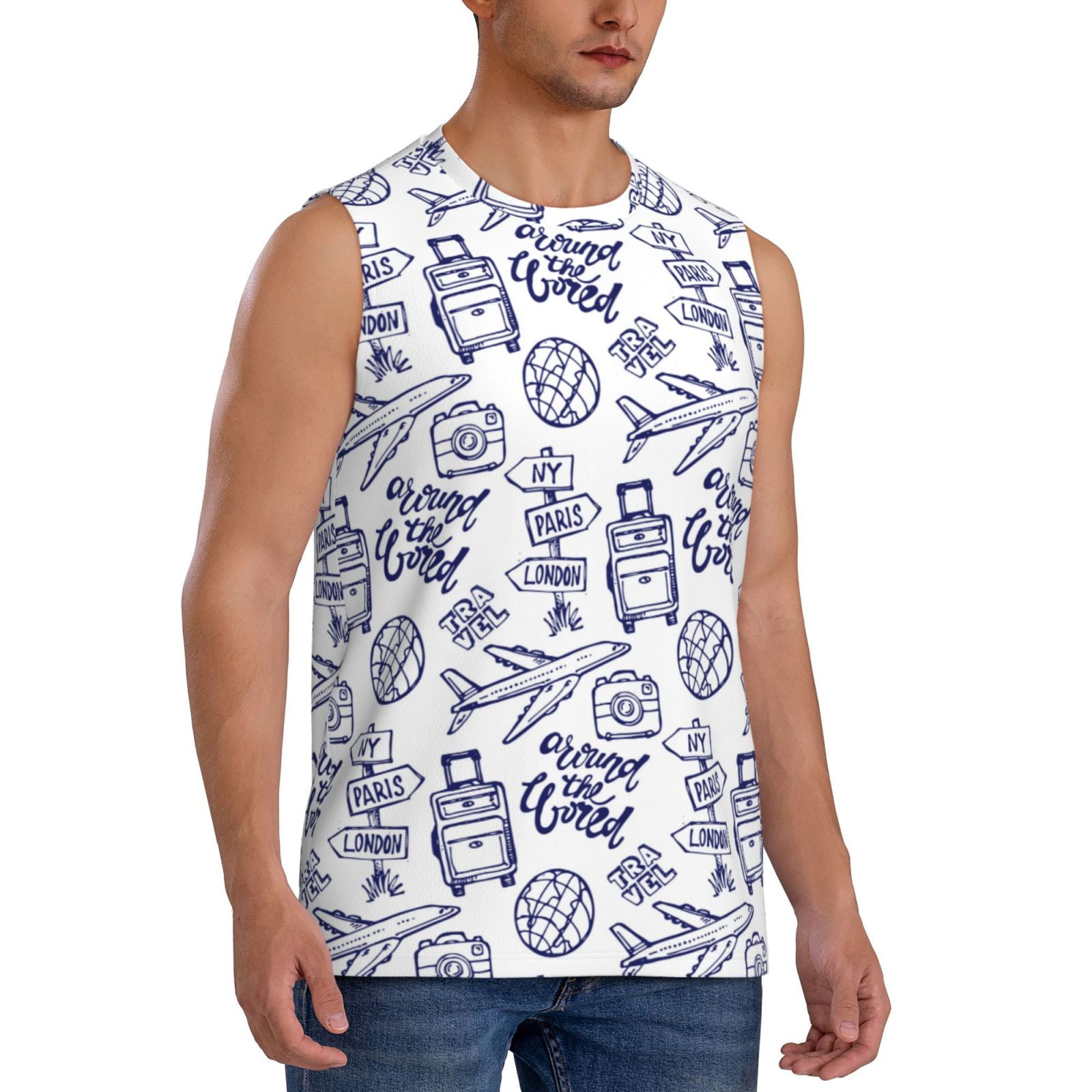Lsque World Travel2 Print Men's Cotton Blend Sleeveless Muscle Shirts ...