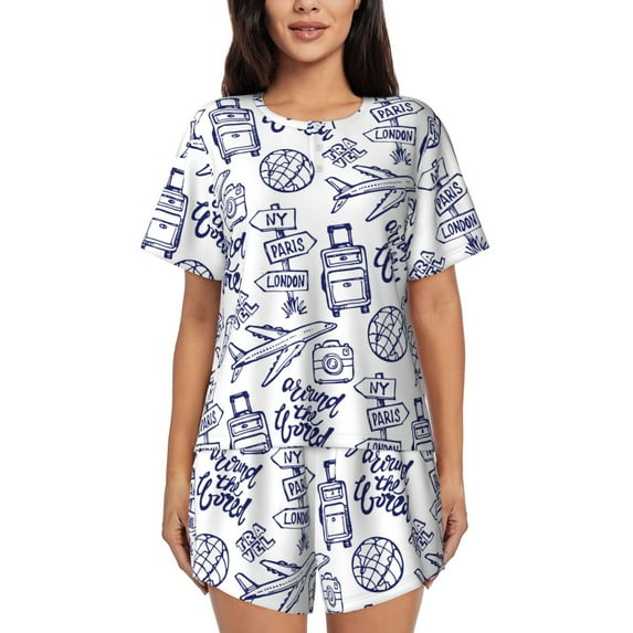 Lsque World Travel2 Women's Short-Sleeved Pajama Set - 2 Piece Soft and Lightweight Sleepwear Set-Small