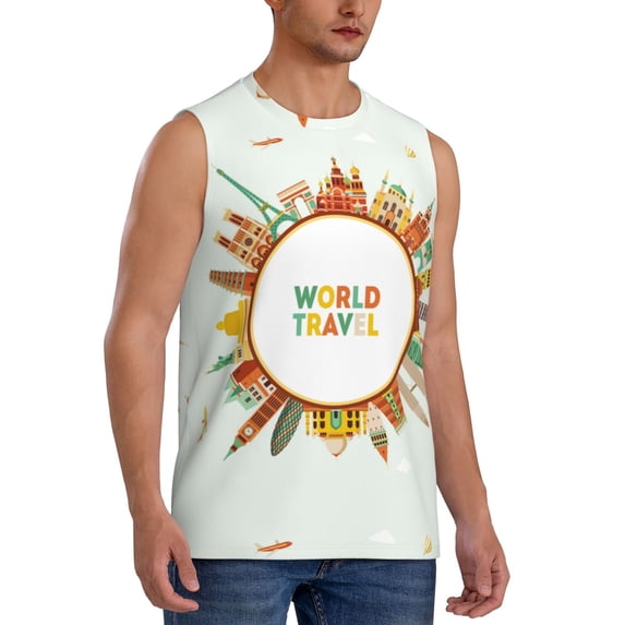 Lsque World Travel3 Print Men's Cotton Blend Sleeveless Muscle Shirts (S-3XL)- Moisture Wicking, Odor Protection, UPF 30+,Large