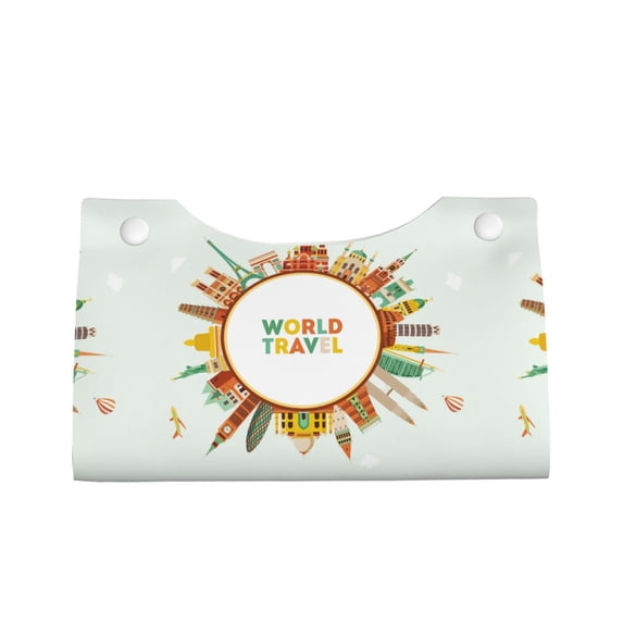 Lsque World Travel3 Printed Long Tissue Box Cover Holder, Facial Paper Organizer Dispenser,Triangle with Bottom Belt, PVC Leather Decorative Organizer