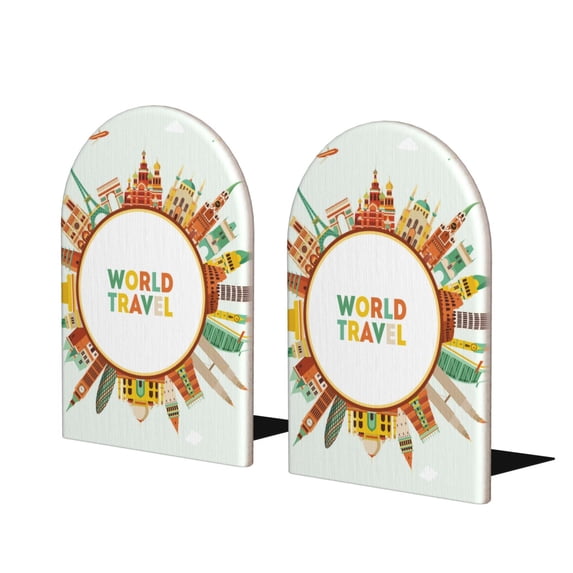 Lsque World Travel3 Printed Wood Bookends,Non-Skid Bookend for Shelves,Heavy Duty Support Bookends,Non-Slip Foam Pads for Office, Home, and Library,1 Pair