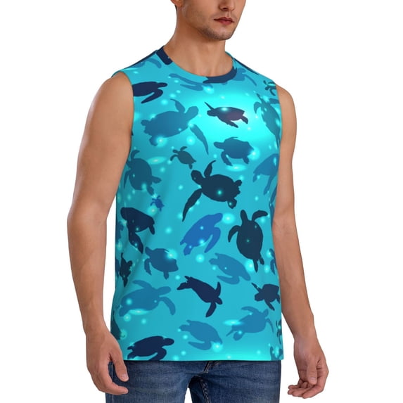 Lsque World Turtle Day Print Men's Cotton Blend Sleeveless Muscle Shirts (S-3XL)- Moisture Wicking, Odor Protection, UPF 30+,Medium