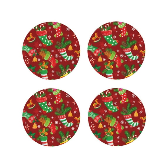 Lsque X-mas and New Year Pattern 4" Drink Coasters Set of 4, PVC Leather Absorbent Coasters, Table Coaster Set Decorative Coffee Cup Coasters Housewarming Gift -Round Shape