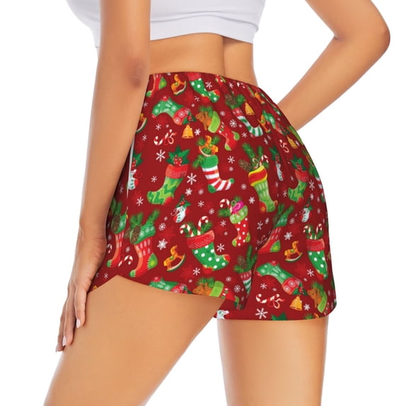 Lsque X-mas and New Year Printed Women's Running Shorts with Liner Pockets,Elastic Quick Dry Workout Athletic Gym Yoga Shorts,Womens High Waist Shorts-Small