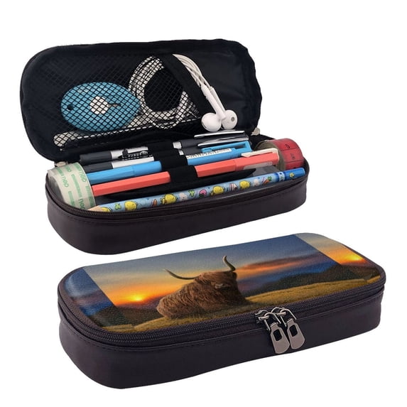 Lsque Yak Printed Big Capacity PU Leather Pencil Case Large Pencil Pouch Stationery Pen Bag Pencil Holder for Teen