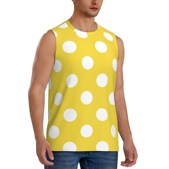 Lsque Yellow And White Polka Dot Print Men's Cotton Blend Sleeveless Muscle Shirts (S-3XL)- Moisture Wicking, Odor Protection, UPF 30+,3X-Large