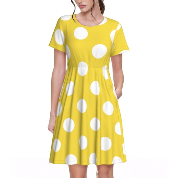 Lsque Yellow And White Polka Dot Print Women's Casual Dress T-Shirt Summer Short Sleeve Scoop Neck Swing Dresses
